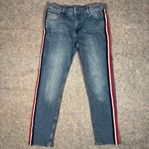 ASOS Side Stripe Slim Jeans Mens 34x30 Blue Denim Red White Blue Trim Excellent
